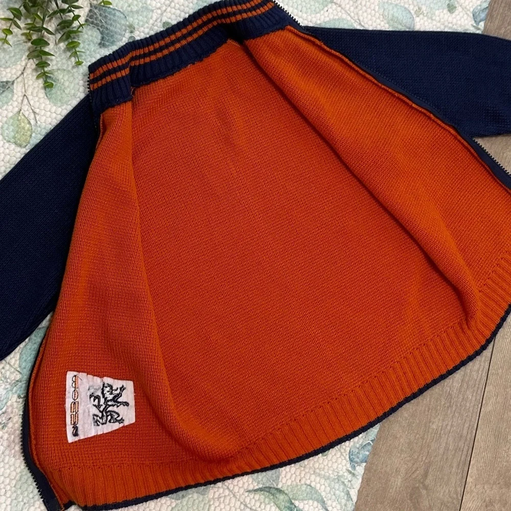 Vintage Boys Orange Navy Blue Knit Sweater Jacket Coat Size Small Netherlands